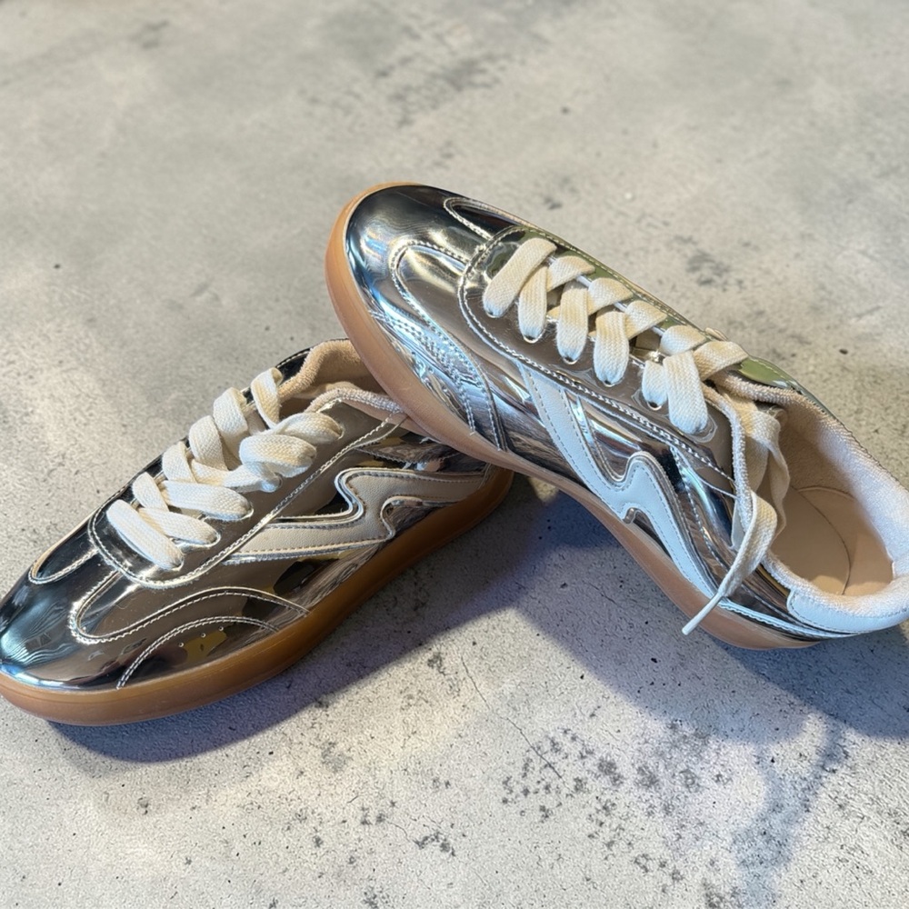 Giia Multi Lace-Up Sneakers - Silver and Tan, LIKE NEW